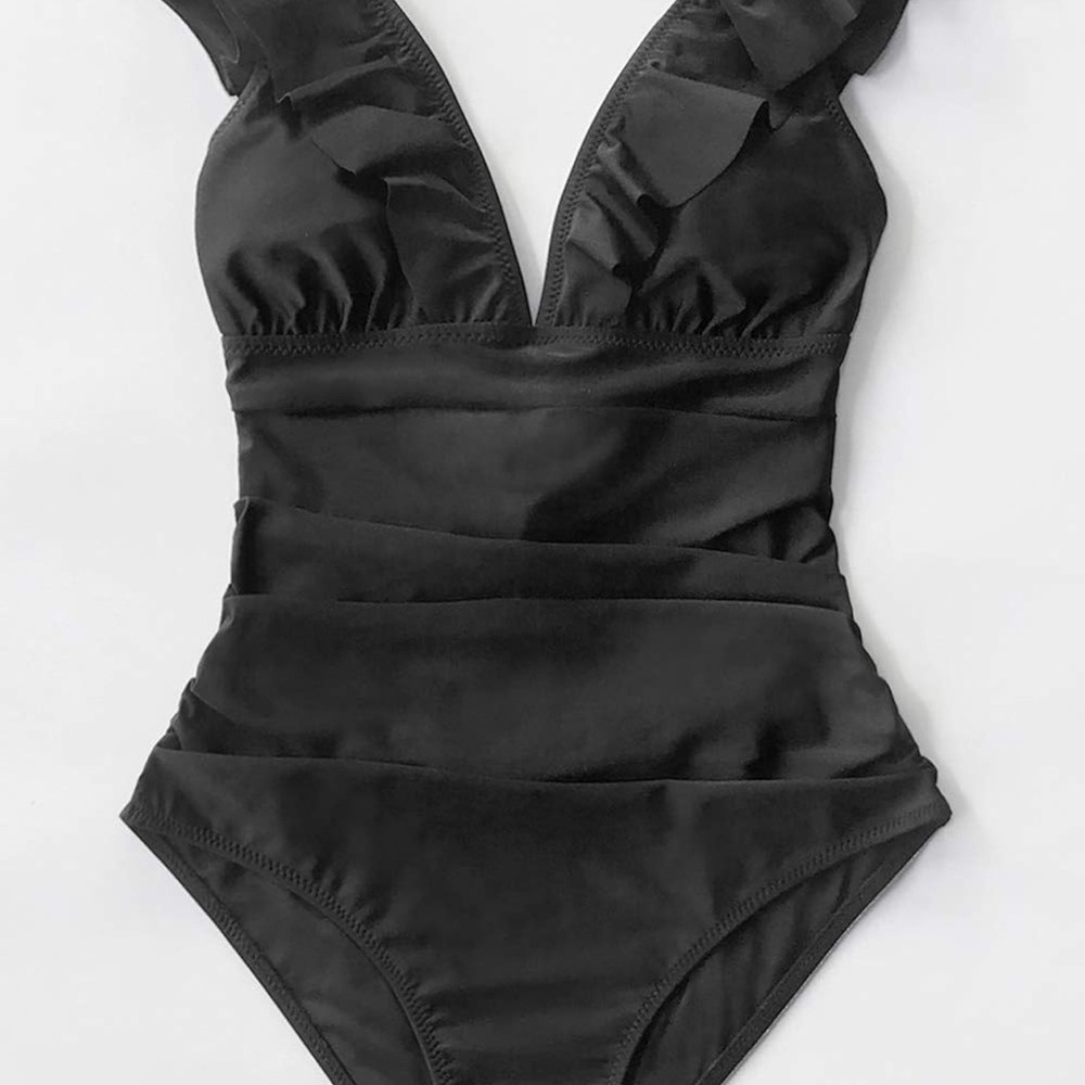 Black Ruffled V-Neck Swimsuit